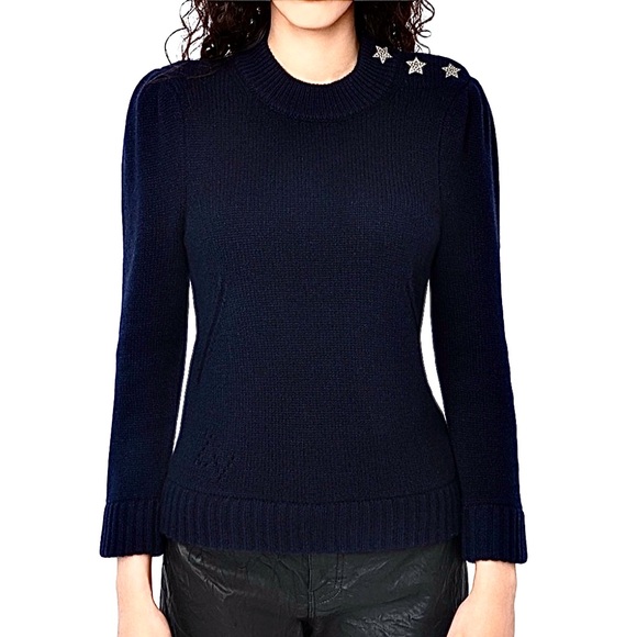 Zadig & Voltaire Betson Cashmere Sweater Navy Rhinestone Star Buttons Sz S NWT - Picture 2 of 8